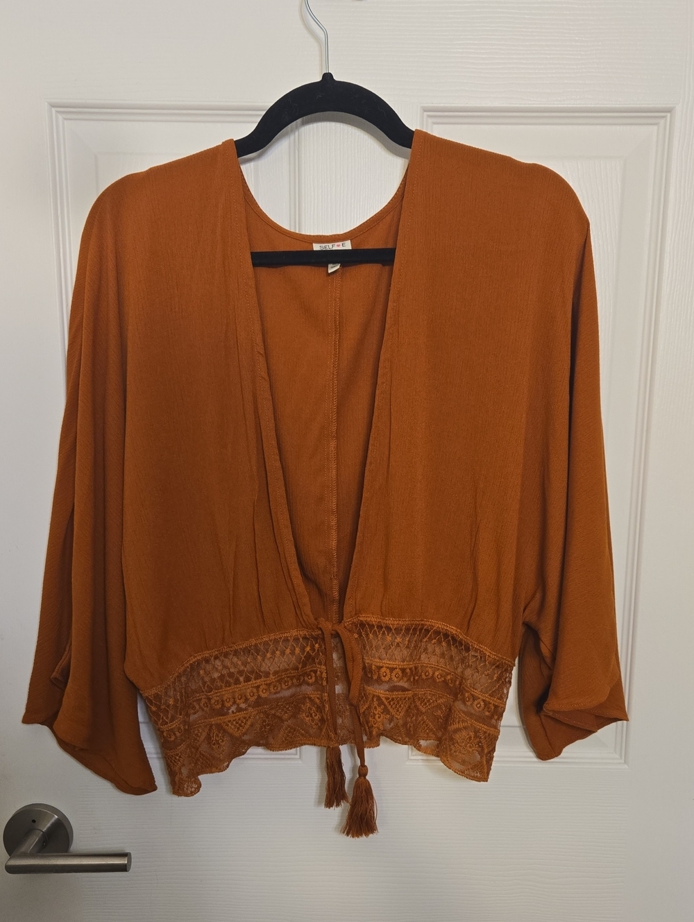 Rust Orange Lace-Hem Tie-Front Top